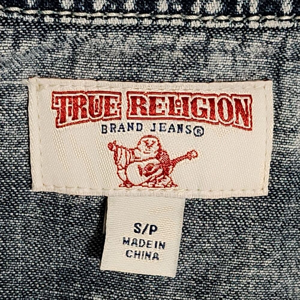 True Religion Mens Western Woven Shirt Short Sleeve Acid Wash Blue Denim Size S - Picture 7 of 12